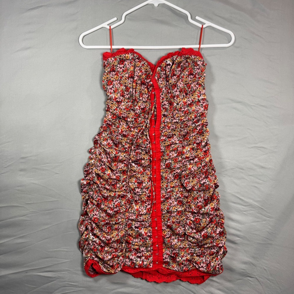 Sky to Moon Red Floral Ruched Mini Dress Corset Eyelet Lace S Cottagecore Boho